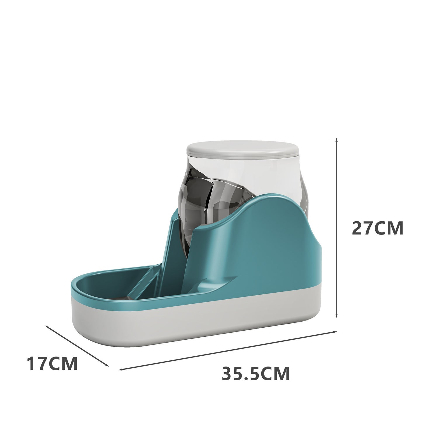 Orange Poppy teal and white automatic pet water dispenser with clear removable reservoir and 35.5 by 17 by 27 cm dimensions