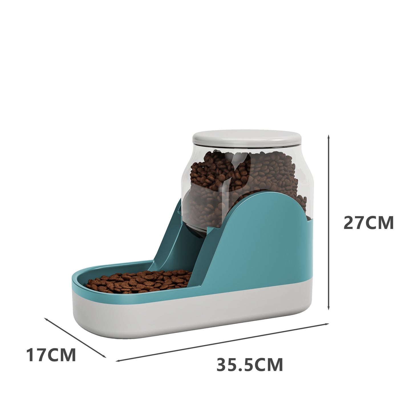 Orange Poppy automatic pet water dispenser style dry food dispenser with clear hopper and teal base