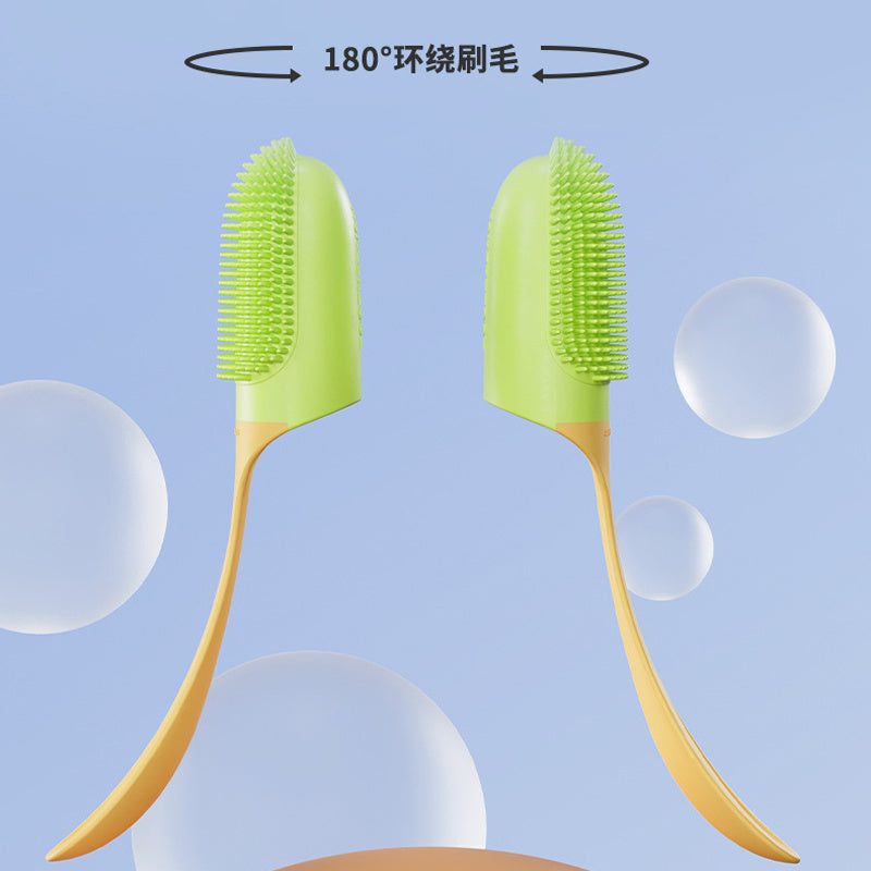 Orange Poppy dog and cat tooth cleaning tool green silicone brush with long yellow handle for pet dental care