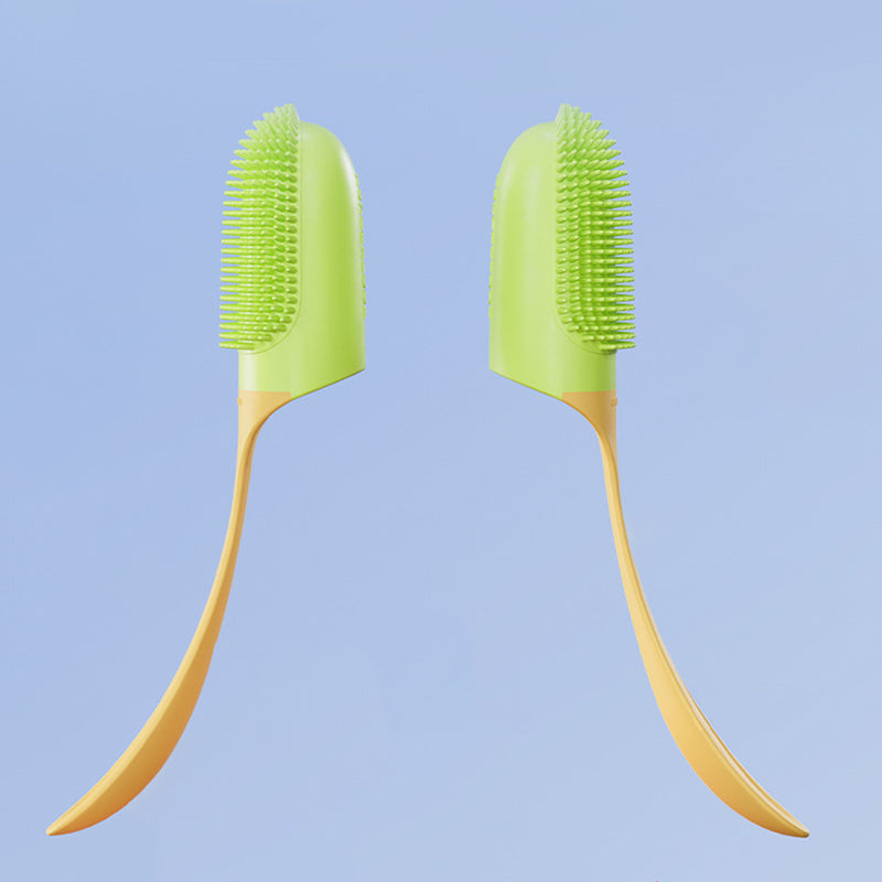 Orange Poppy dog and cat tooth cleaning tool silicone dual sided brush with yellow handle shown front and back