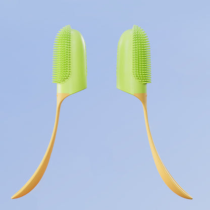 Orange Poppy dog and cat tooth cleaning tool silicone dual sided brush with yellow handle shown front and back