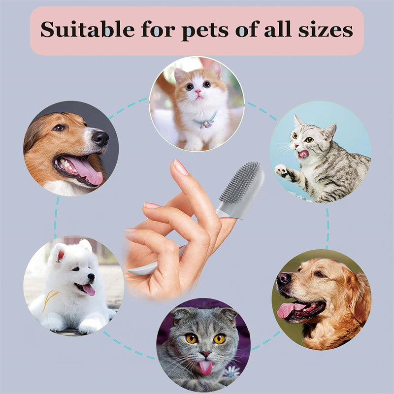 Orange Poppy silicone finger brush on hand with dogs and cats highlighting dog and cat tooth cleaning tool for all sizes
