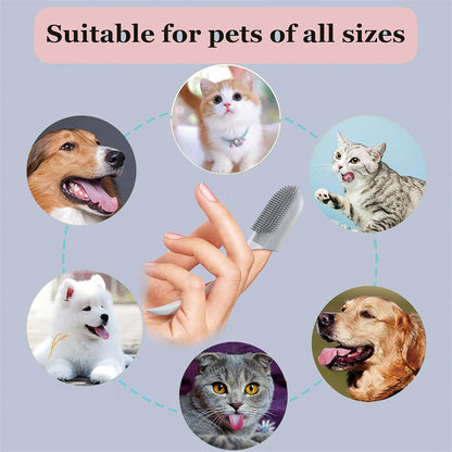 Orange Poppy silicone finger brush on hand with dogs and cats highlighting dog and cat tooth cleaning tool for all sizes