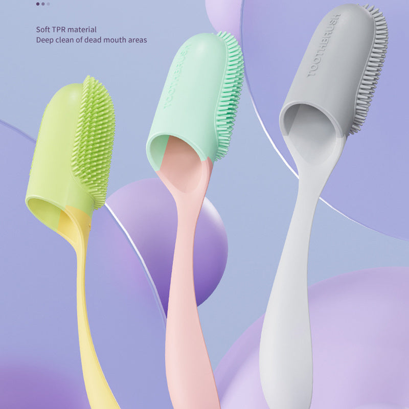 Orange Poppy dog and cat tooth cleaning tool soft TPR silicone bristle brush in pastel green pink gray for gentle dental cleaning