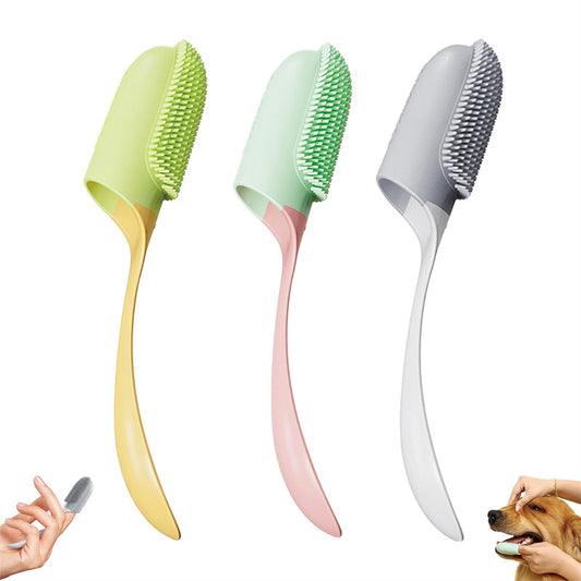 Orange Poppy dog and cat tooth cleaning tool three pastel silicone long handle brushes shown with hand and dog