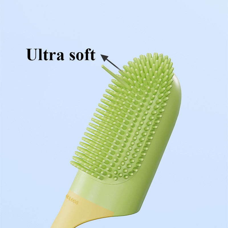 Orange Poppy ultra soft silicone pet brush showing handheld dog and cat tooth cleaning tool for gentle gum cleaning