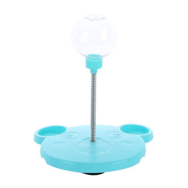 Orange Poppy turquoise paw shaped interactive cat feeder toy with two treat bowls and spring mounted clear ball