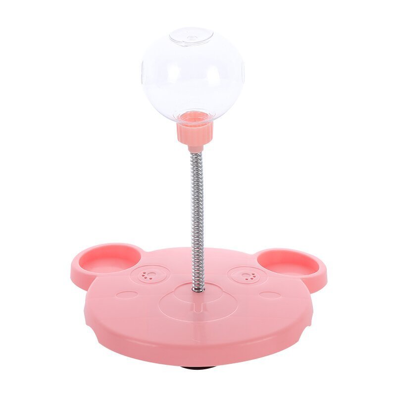 Orange Poppy pink bear shaped cat feeder with clear ball on spring and twin bowls interactive cat feeder toy