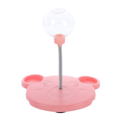 Orange Poppy pink bear shaped cat feeder with clear ball on spring and twin bowls interactive cat feeder toy