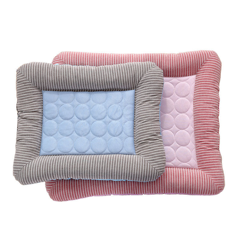Orange Poppy striped rectangular pet mats pair with quilted centers in blue and pink cooling bed for dogs and cats