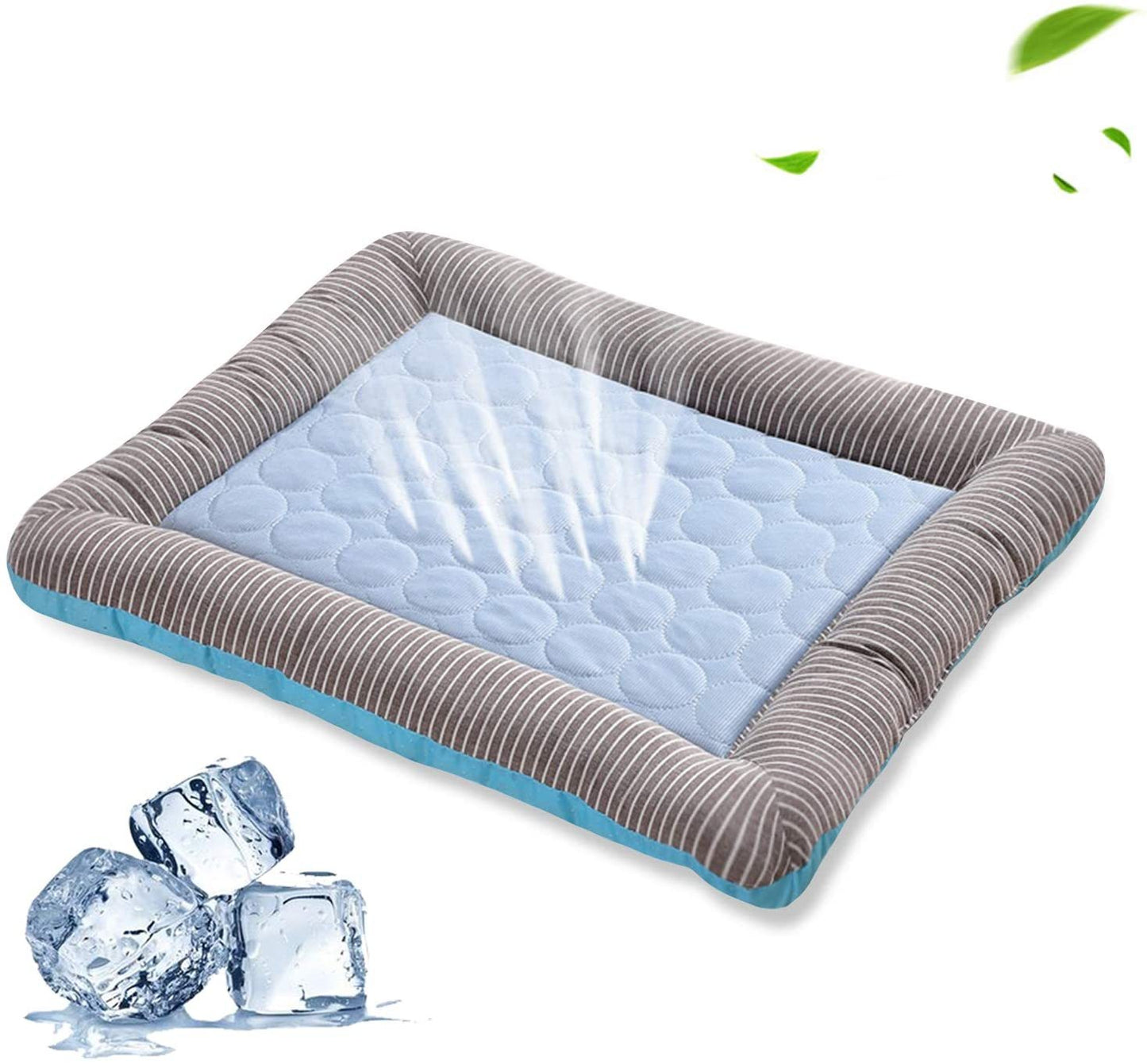 Orange Poppy rectangular bolstered pet bed with quilted blue center and striped gray sides cooling bed for dogs and cats