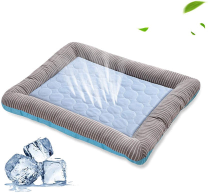 Orange Poppy rectangular bolstered pet bed with quilted blue center and striped gray sides cooling bed for dogs and cats