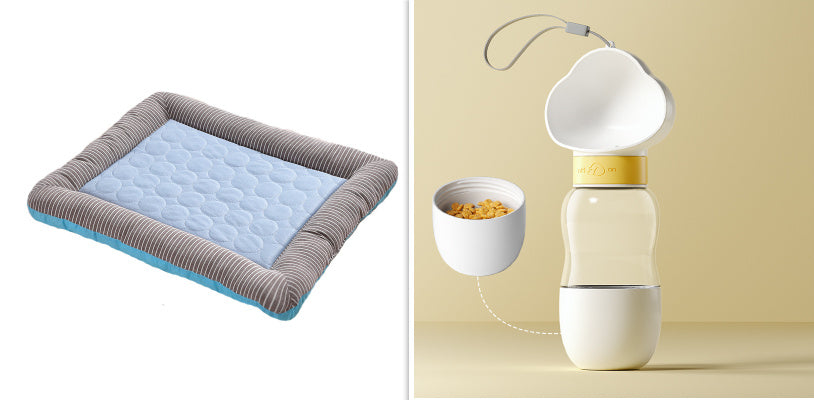 Orange Poppy cooling bed for dogs and cats rectangular gray bolsters quilted blue center with portable travel water bottle bowl