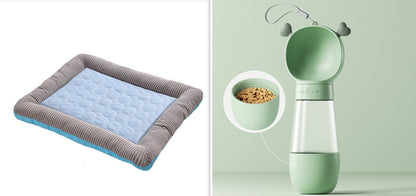Orange Poppy cooling bed for dogs and cats gray striped bolster blue quilted center beside green portable pet water dispenser