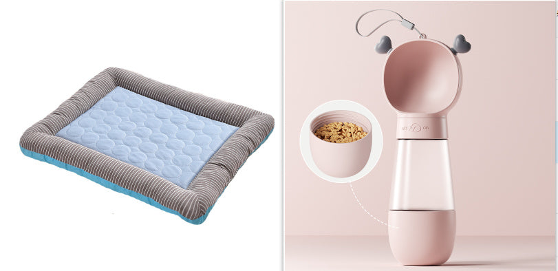 Orange Poppy cooling bed for dogs and cats blue quilted pad with gray bolster and pink water bottle with bowl