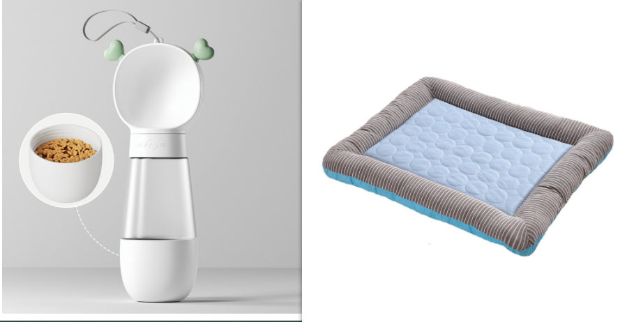 Orange Poppy bolstered pet bed with grey corduroy sides and light blue quilted insert cooling bed for dogs and cats