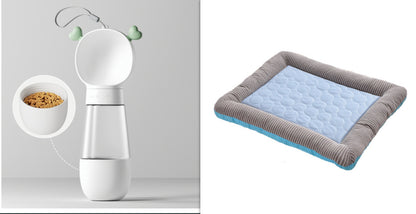 Orange Poppy bolstered pet bed with grey corduroy sides and light blue quilted insert cooling bed for dogs and cats