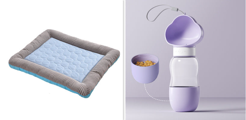 Orange Poppy blue quilted cooling bed for dogs and cats with grey bolster beside portable purple water and food bottle