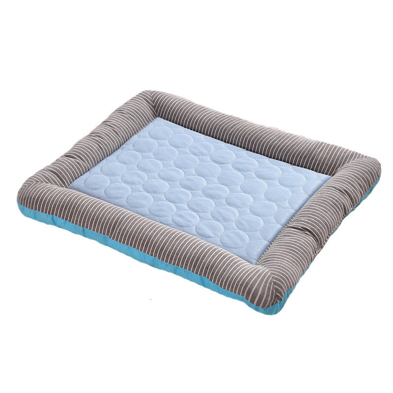 Orange Poppy rectangular pet bed with striped gray bolster and quilted light blue center cooling bed for dogs and cats