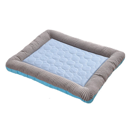 Orange Poppy rectangular pet bed with striped gray bolster and quilted light blue center cooling bed for dogs and cats
