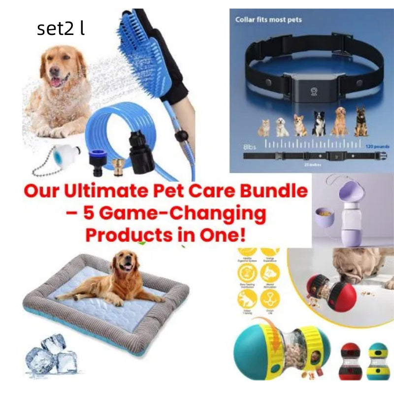 Orange Poppy pet care bundle showing cooling bed for dogs and cats with grooming tools collar and toys