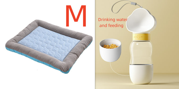 Orange Poppy cooling bed for dogs and cats medium quilted blue center with portable drinking water and feeding bottle