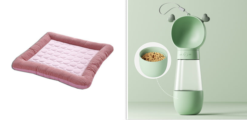 Orange Poppy pink quilted pet bed with raised rim and green travel water bottle feeder cooling bed for dogs and cats