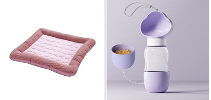 Orange Poppy cooling bed for dogs and cats pink quilted square with raised edges and purple travel water bottle