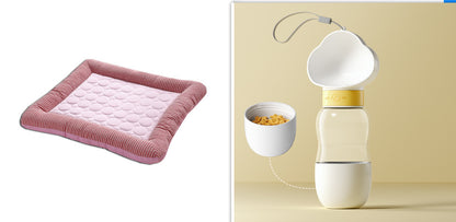 Orange Poppy pink quilted pet bed mat with portable water bottle travel bowl cooling bed for dogs and cats