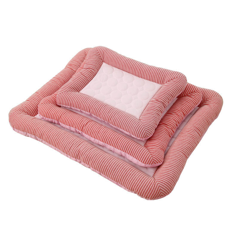 Orange Poppy pink striped bolstered pet mats stacked quilted center cooling bed for dogs and cats