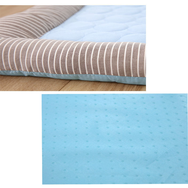 Orange Poppy cooling bed for dogs and cats with blue quilted cooling center and striped bolster