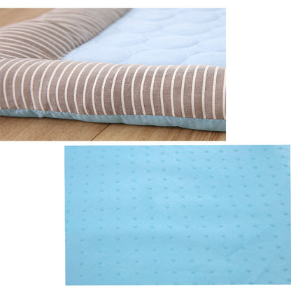 Orange Poppy cooling bed for dogs and cats with blue quilted cooling center and striped bolster