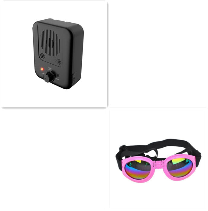 Orange Poppy ultrasonic anti bark device for dogs shown as black compact unit beside pink protective dog goggles