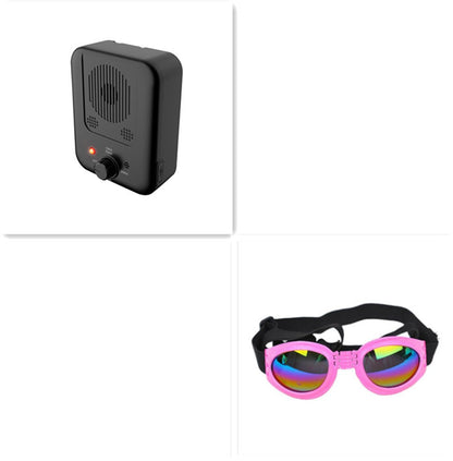 Orange Poppy ultrasonic anti bark device for dogs shown as black compact unit beside pink protective dog goggles