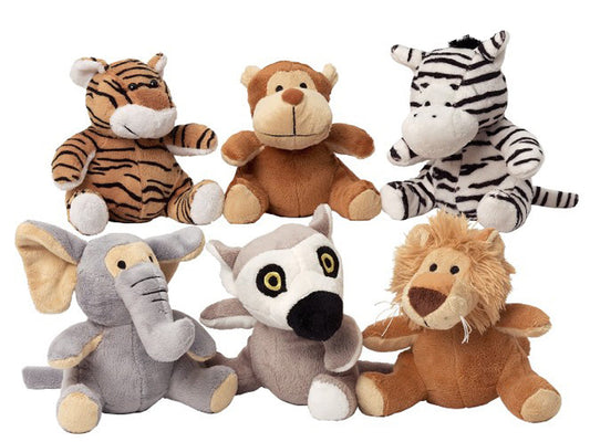 Carmine Angel plush safari animal dog toys set featuring tiger, monkey, zebra, elephant, lemur, and lion stuffed animals