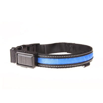 Orange Poppy adjustable black nylon fluorescent dog collar with bright blue reflective band and plastic buckle