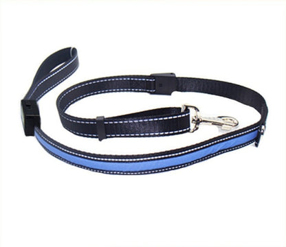 Orange Poppy fluorescent dog collar style blue leash with reflective strip metal clasp and padded handle