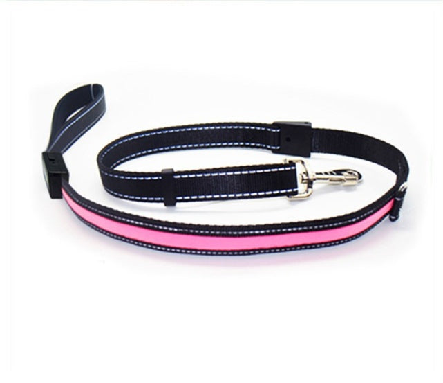 Orange Poppy fluorescent dog collar style pink and black leash with reflective stitching and metal clip