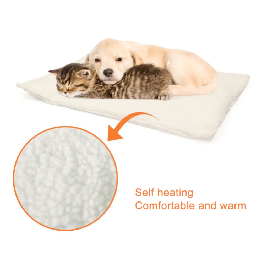 Yellow Pandora self warming pet mat with soft fleece surface shown with a sleeping kitten and puppy
