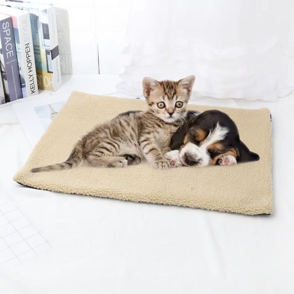 Yellow Pandora self warming pet mat with a kitten and puppy resting comfortably on a beige soft blanket