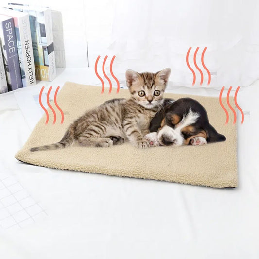 Yellow Pandora beige self warming pet mat with kitten and puppy lying comfortably on it indoors