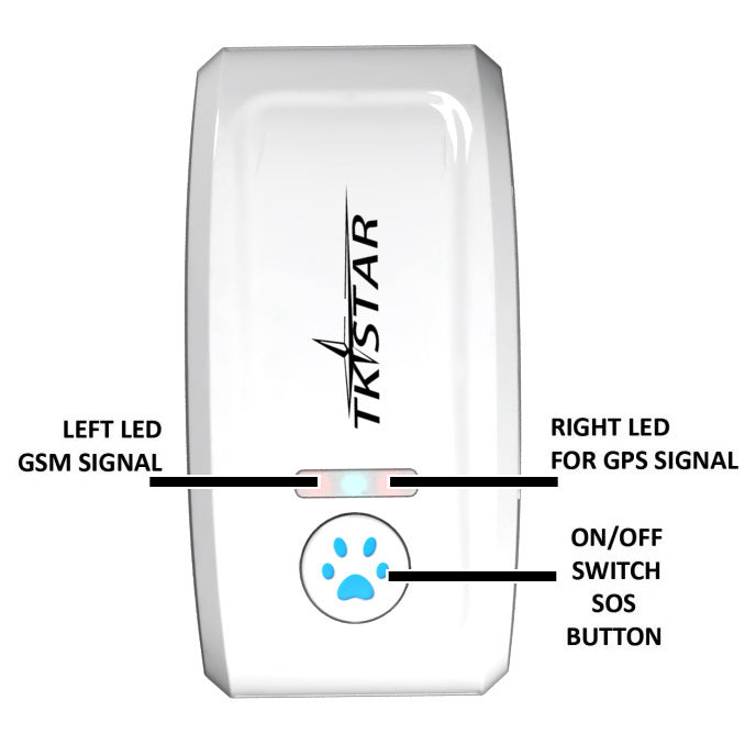 Orange Poppy cat GPS tracker white TKSTAR pet tracker with paw SOS button and LED signal indicators