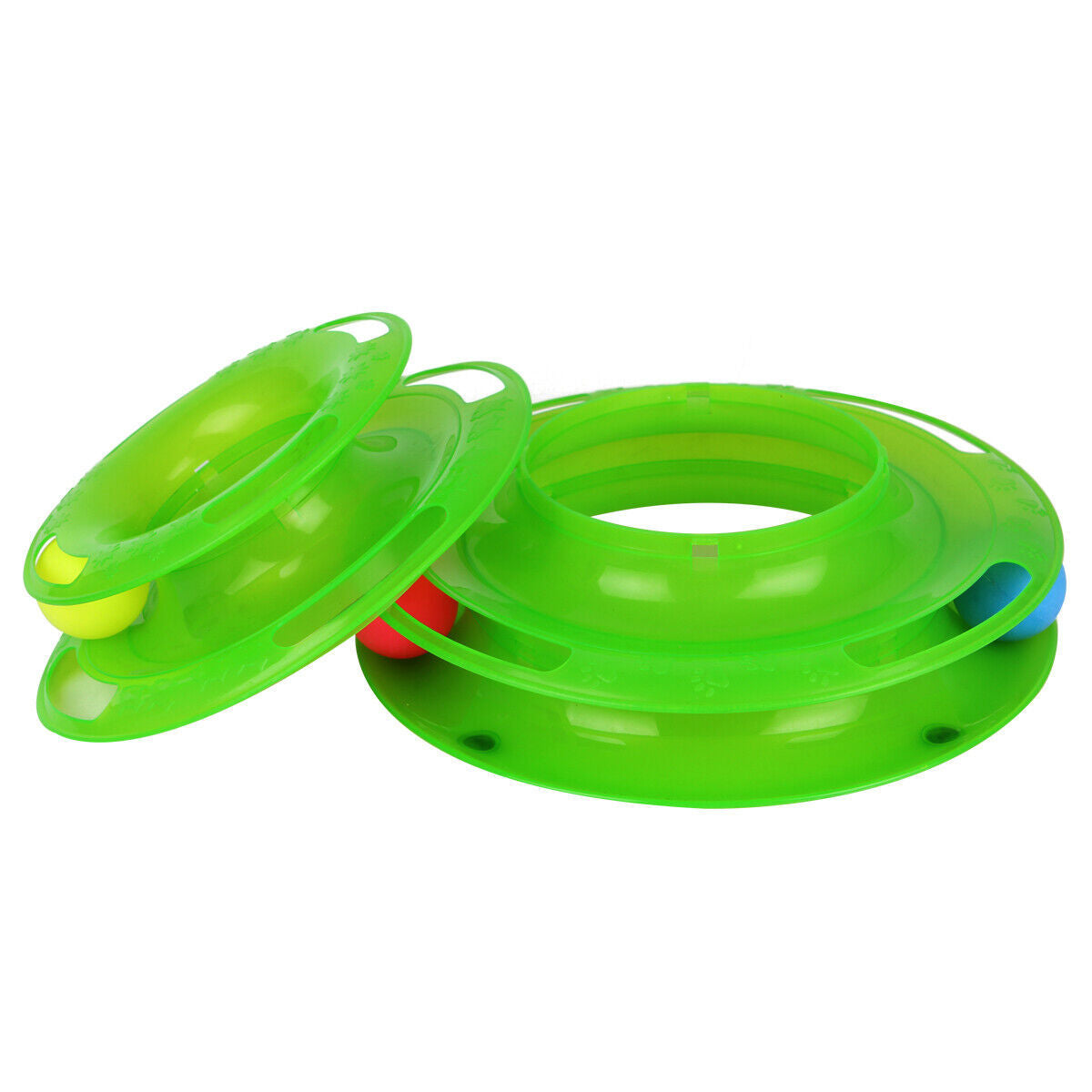 Triple layer cat track tower in bright green with colorful balls for interactive playtime