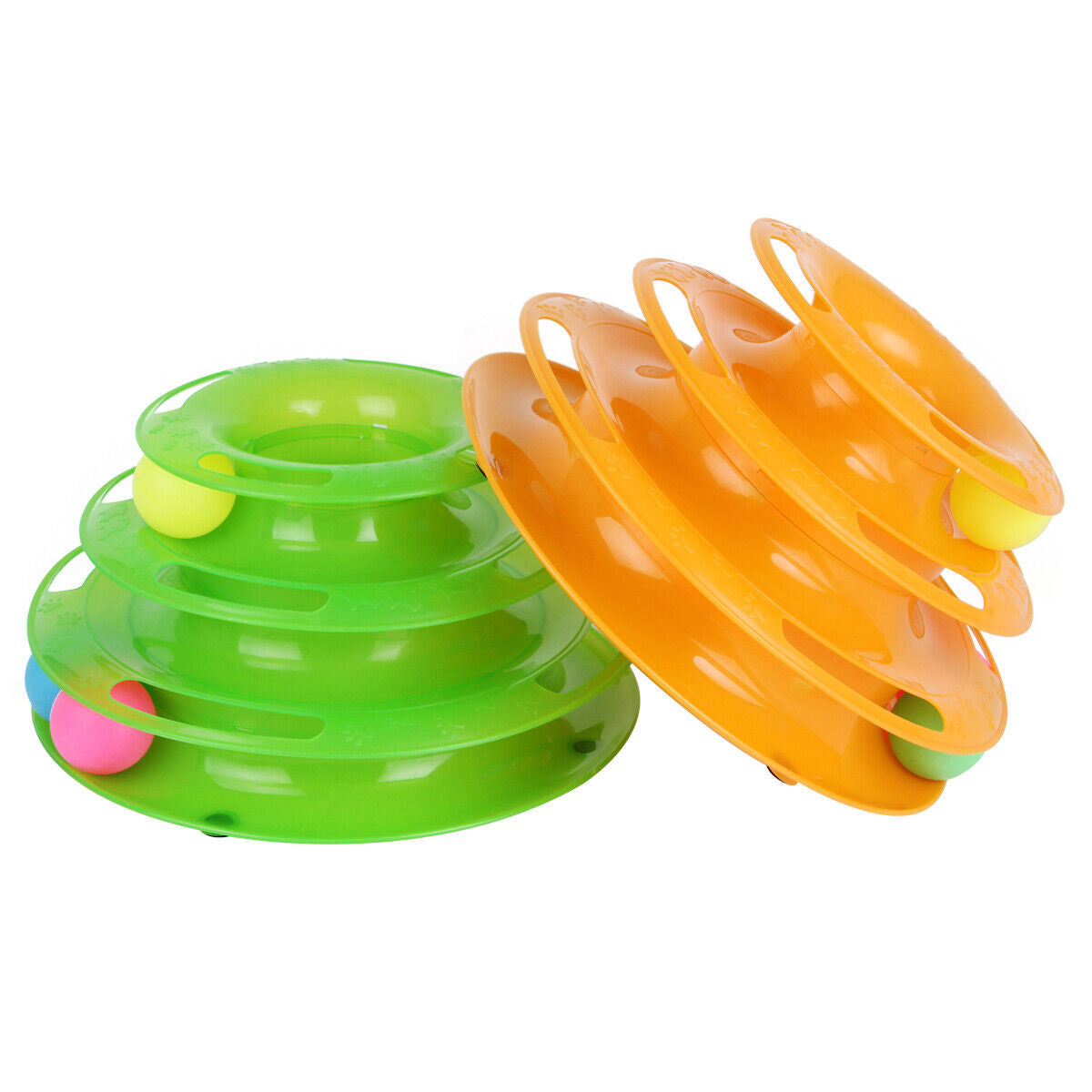 Triple layer cat track tower in green and orange with balls for interactive playtime for cats
