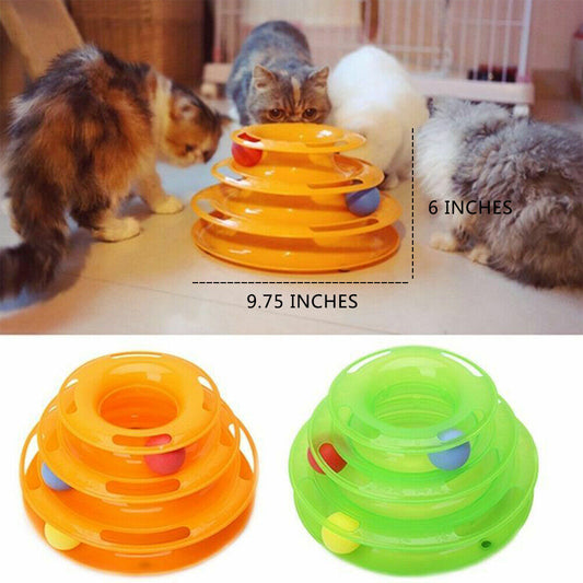 Triple layer cat track tower in orange and green with playful balls for interactive cat fun