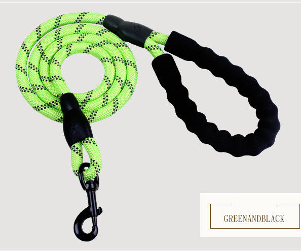 Bright green nylon dog rope leash with black padded handle for comfortable grip and durability