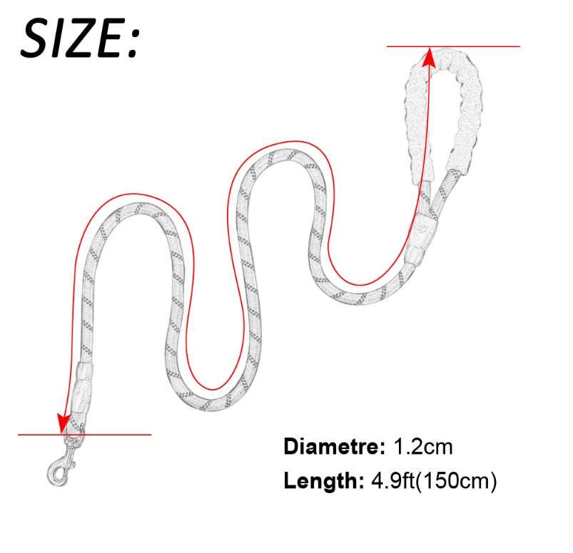 Nylon dog rope leash in a detailed size diagram, showcasing diameter and length measurements