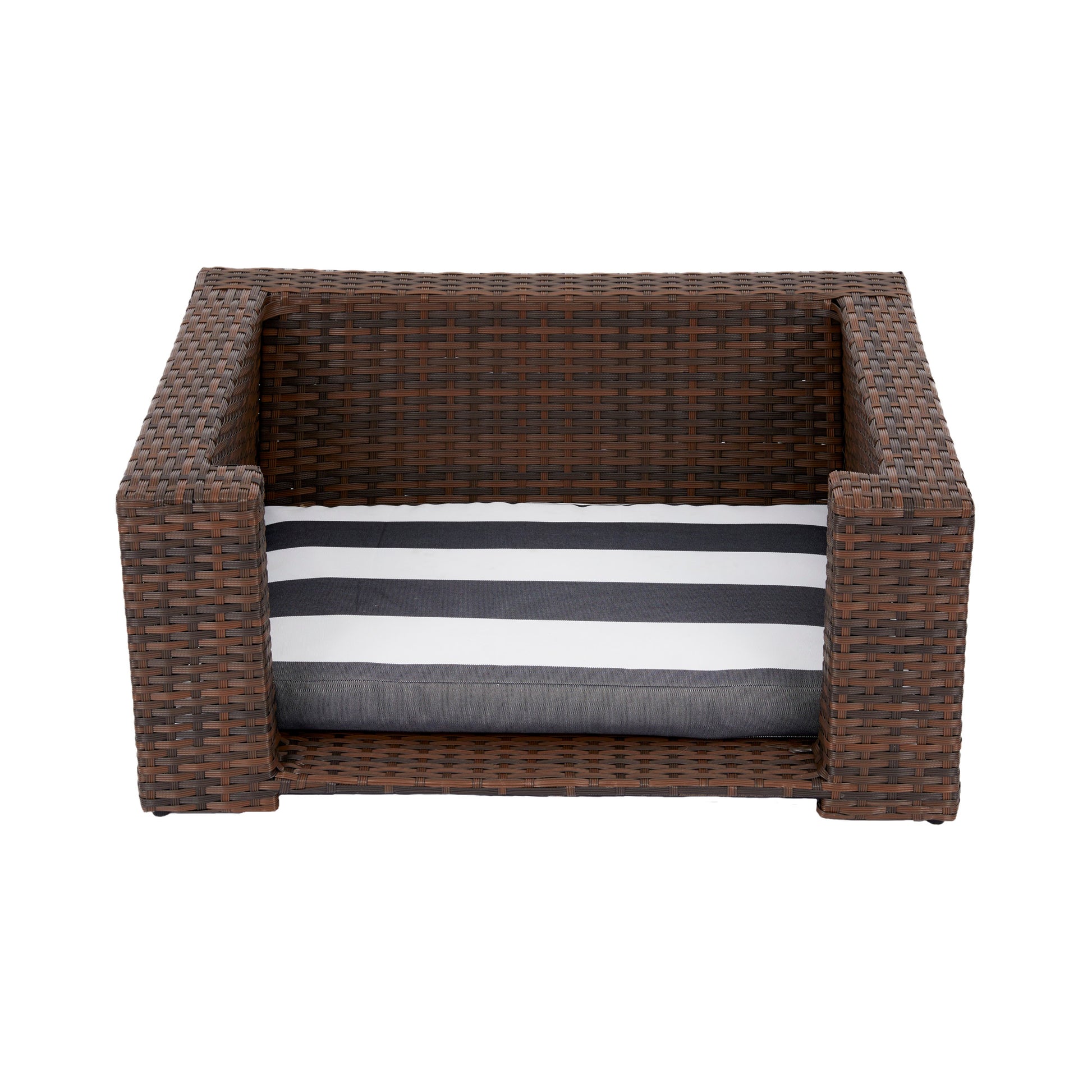 Ochre Menoetius rattan dog bed with cushion featuring dark brown woven frame and black white striped cushion