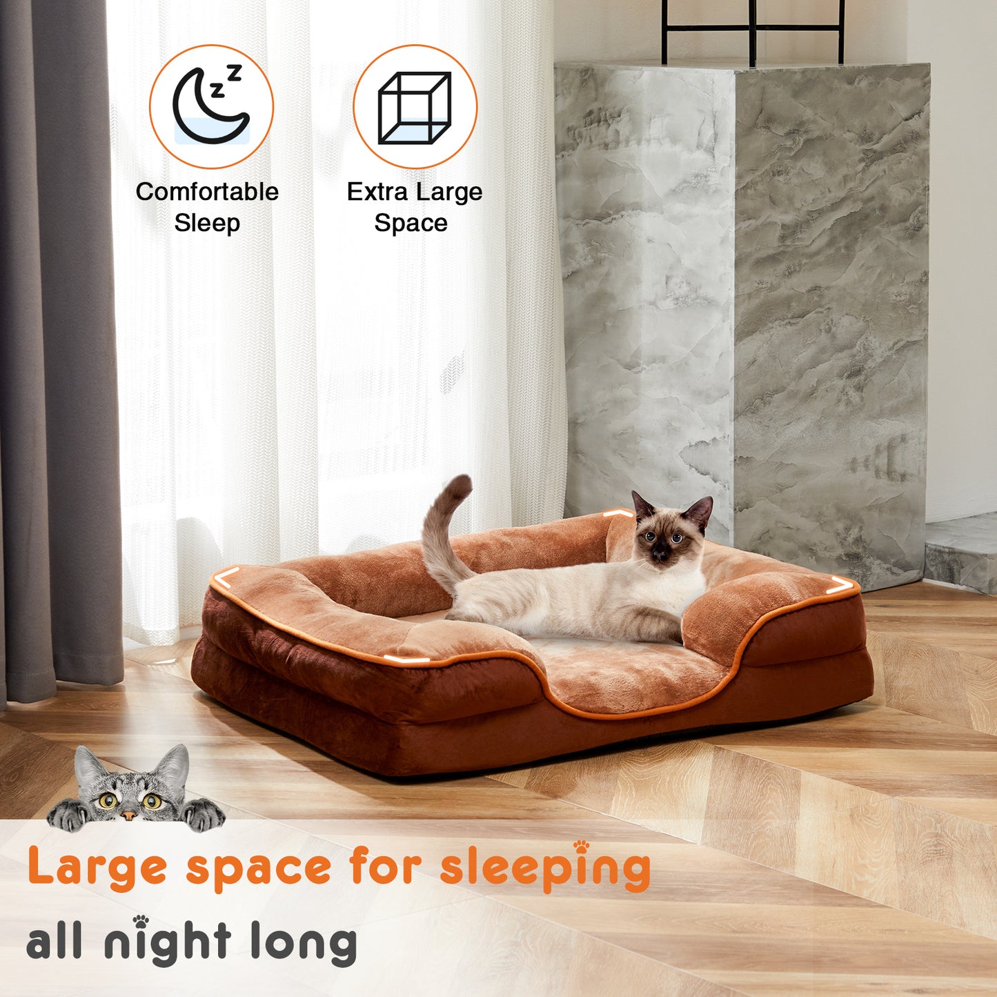 Washable dog bed with removable cover in brown, offering a large sleeping area for pets.