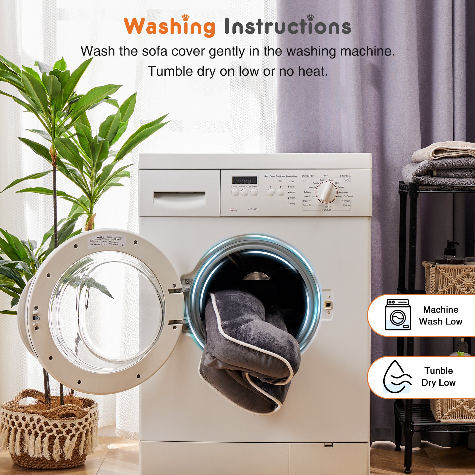 Washing instructions for a washable dog bed with removable cover in a laundry room setting